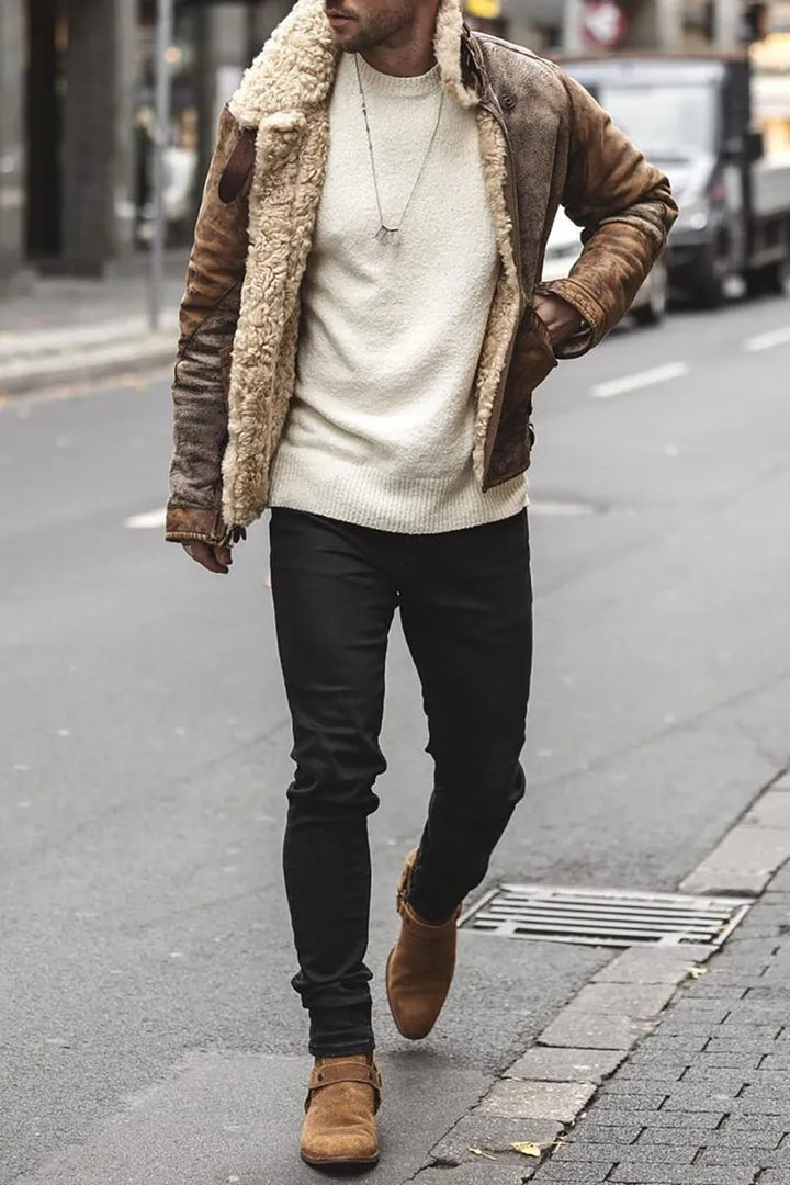 Jacket with folded collar, wool fabric, soft lining, and distressed look
