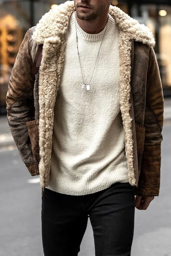 Jacket with folded collar, wool fabric, soft lining, and distressed look