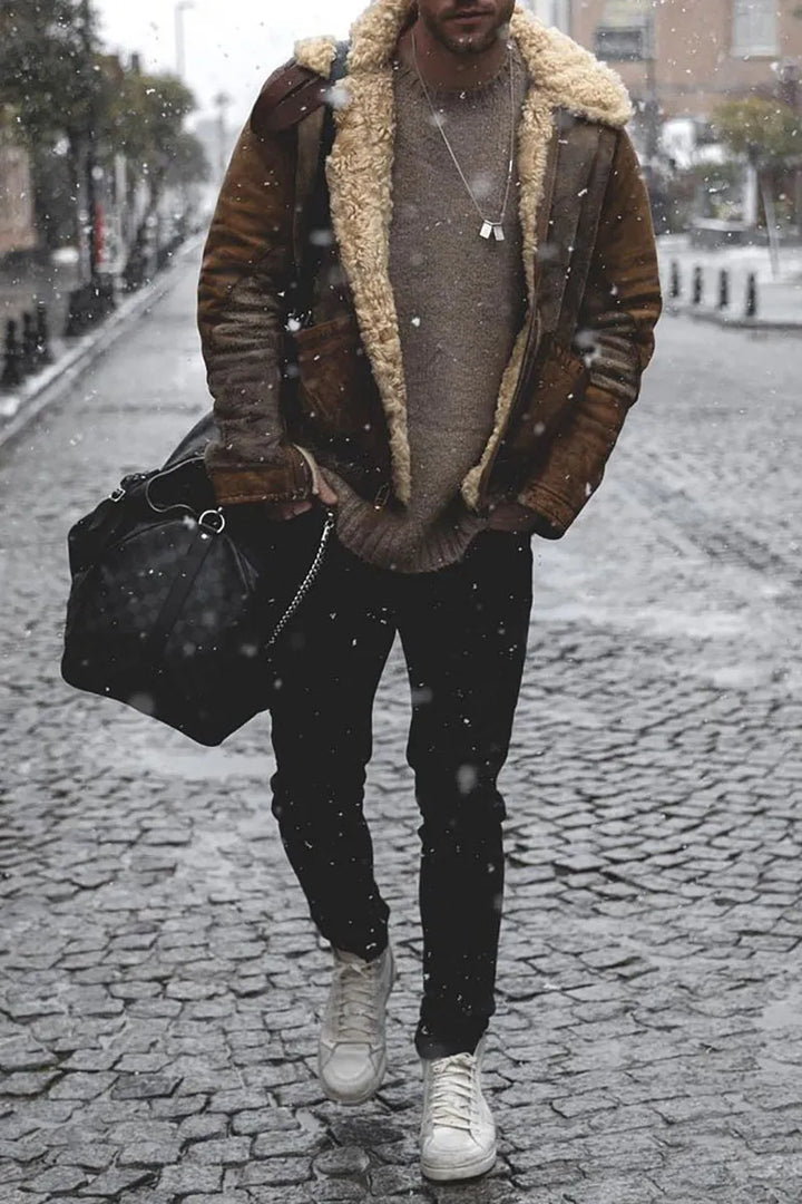 Jacket with folded collar, wool fabric, soft lining, and distressed look