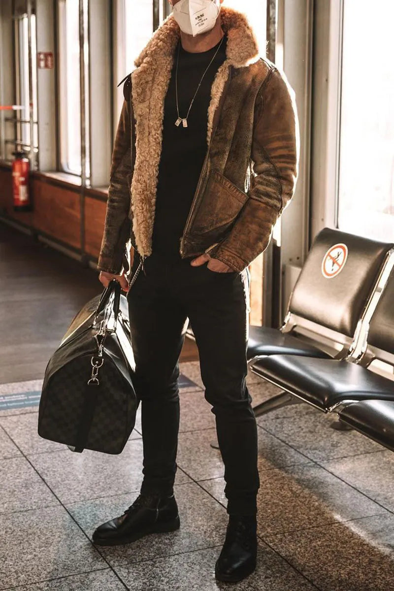 Jacket with folded collar, wool fabric, soft lining, and distressed look