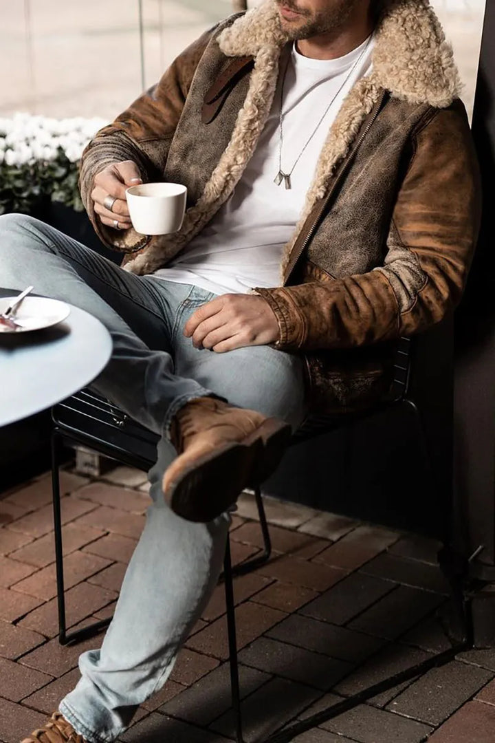 Jacket with folded collar, wool fabric, soft lining, and distressed look