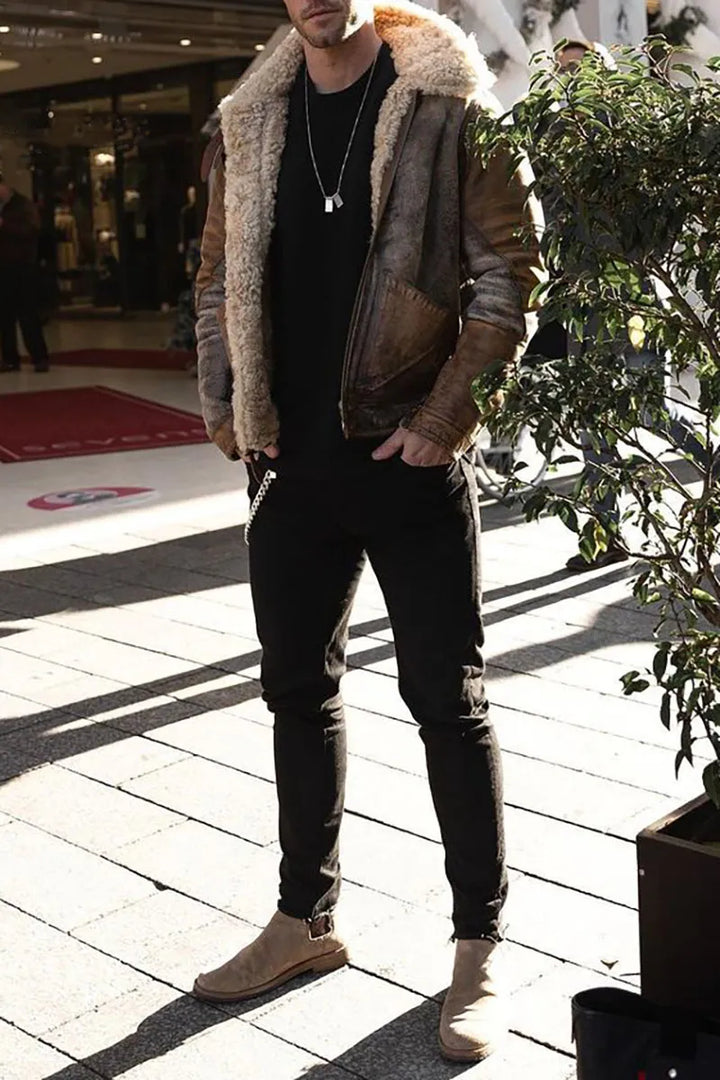 Jacket with folded collar, wool fabric, soft lining, and distressed look