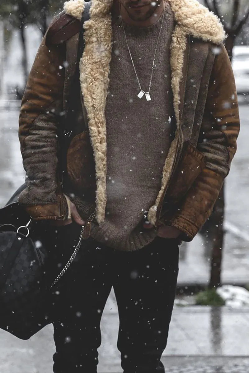 Jacket with folded collar, wool fabric, soft lining, and distressed look