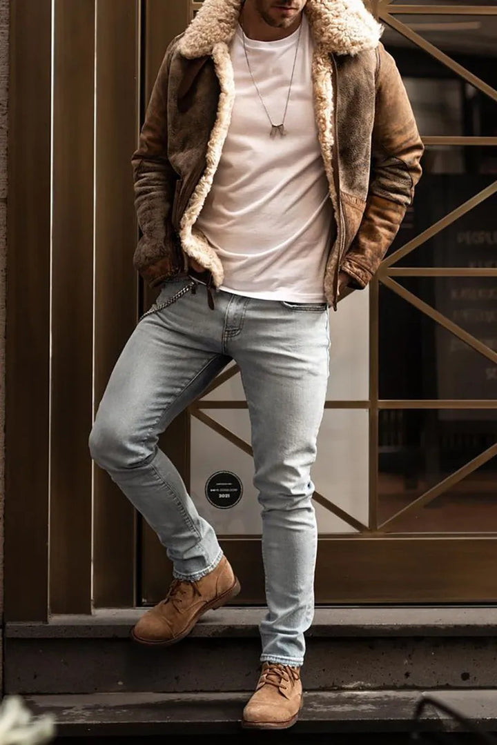 Jacket with folded collar, wool fabric, soft lining, and distressed look