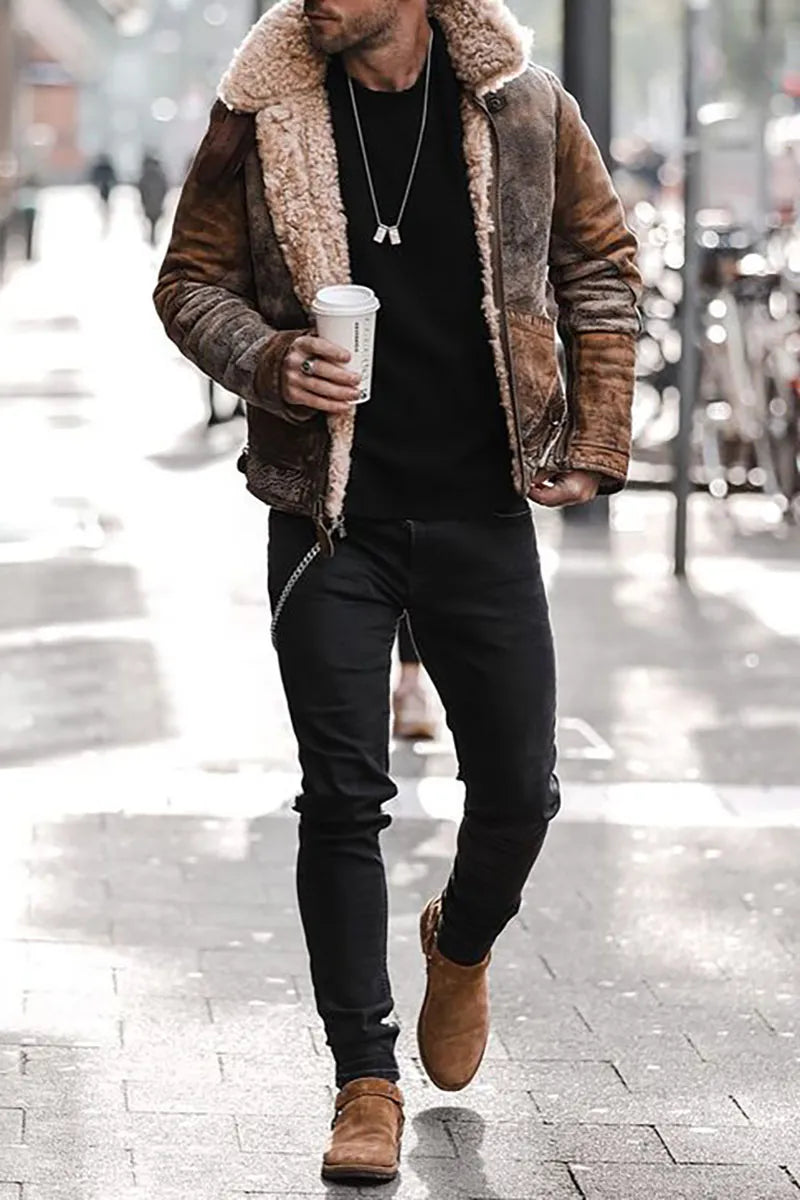 Jacket with folded collar, wool fabric, soft lining, and distressed look