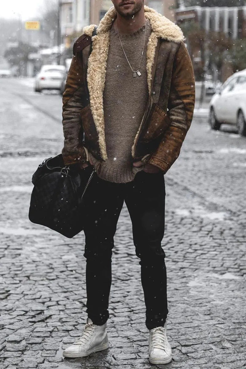 Jacket with folded collar, wool fabric, soft lining, and distressed look