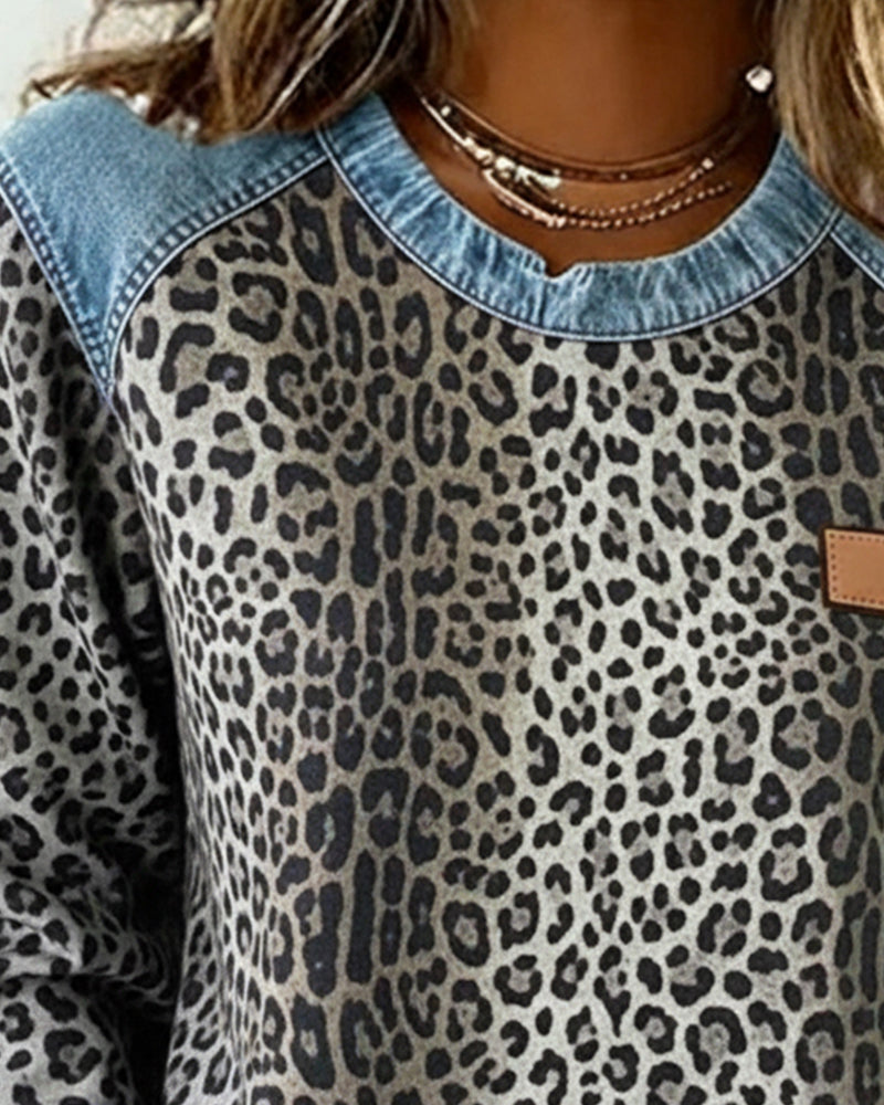Laluna® | Sweatshirt Leopard Print Denim Patchwork