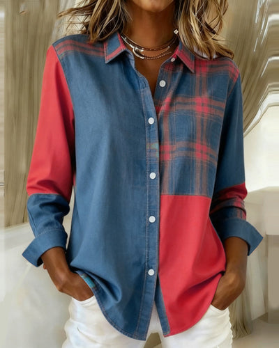 Laluna® | Shirt with Notched Collar and Checked Contrast Design
