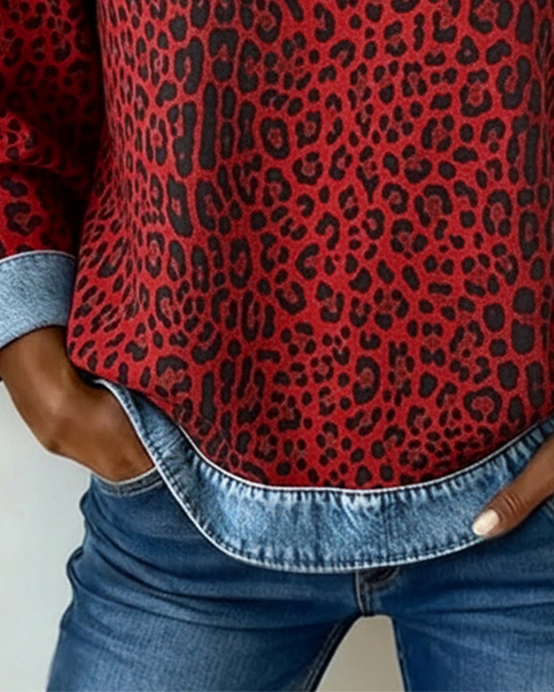 Laluna® | Sweatshirt Leopard Print Denim Patchwork