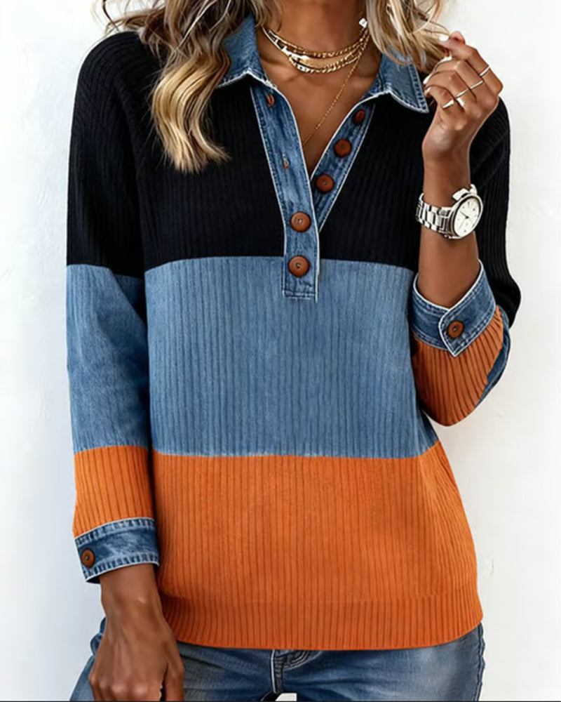Laluna® | Fashionable Top with Lapel and Contrast Color
