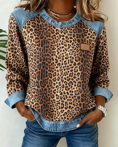 Laluna® | Sweatshirt Leopard Print Denim Patchwork
