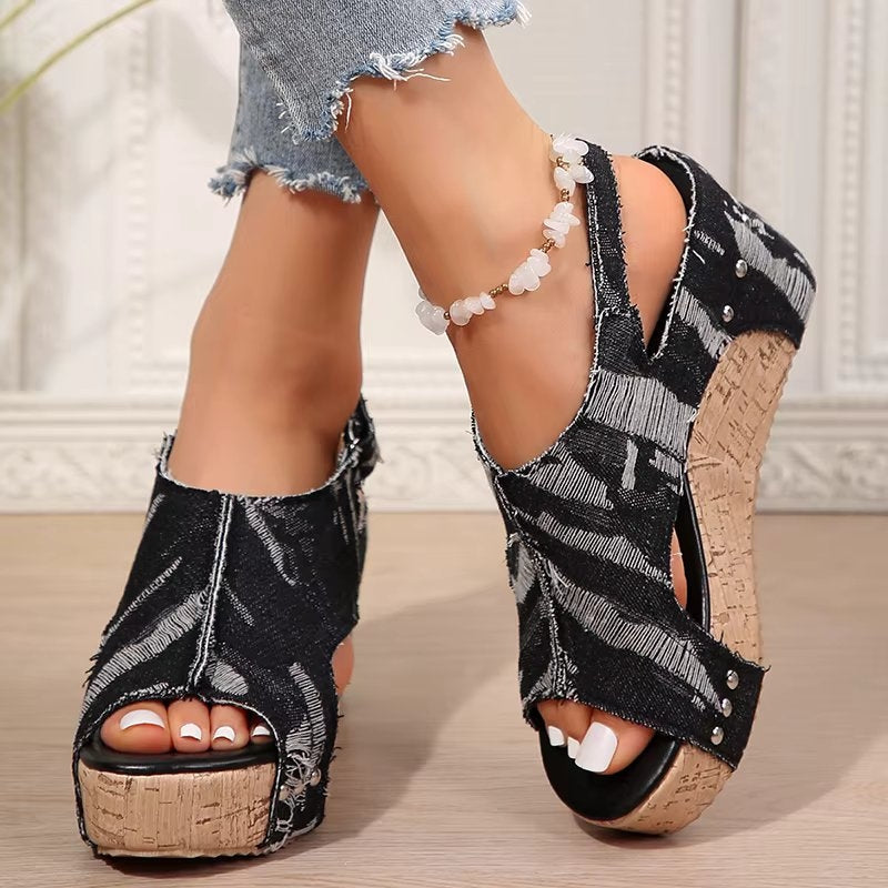 DenimLift - Women Cork Denim Wedge Sandals