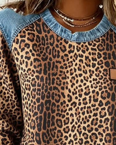 Laluna® | Sweatshirt Leopard Print Denim Patchwork