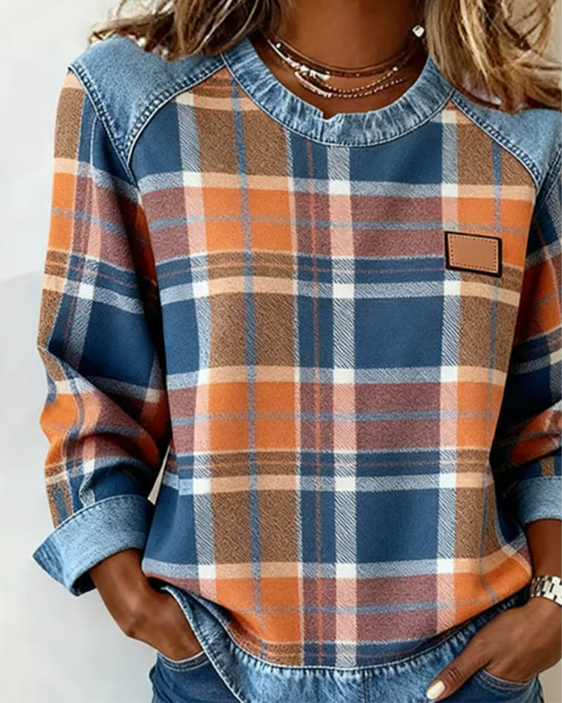 Fashionable Sweatshirt with Checkered Patchwork